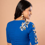 Royal Blue Partywear Blouse with Hand Embroidered Floral Work - Anvi Couture