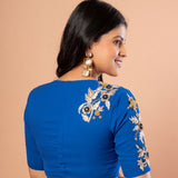Royal Blue Partywear Blouse with Hand Embroidered Floral Work - Anvi Couture