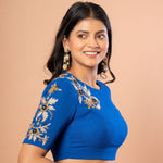 Royal Blue Partywear Blouse with Hand Embroidered Floral Work - Anvi Couture