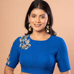 Royal Blue Partywear Blouse with Hand Embroidered Floral Work - Anvi Couture