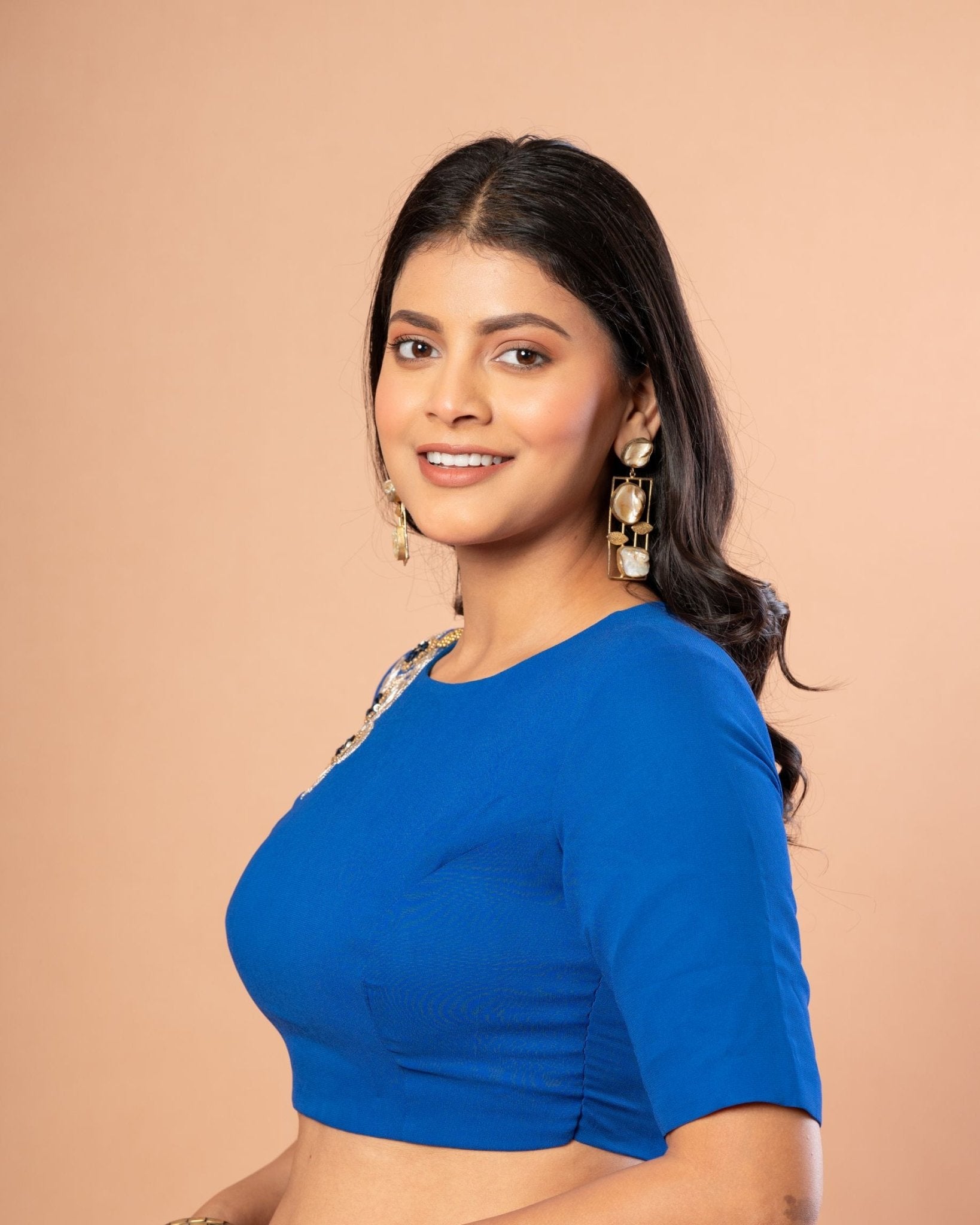 Royal Blue Partywear Blouse with Hand Embroidered Floral Work - Anvi Couture