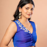 Royal Blue Partywear Blouse with White Hand Embroidered Floral Work - Anvi Couture - Side