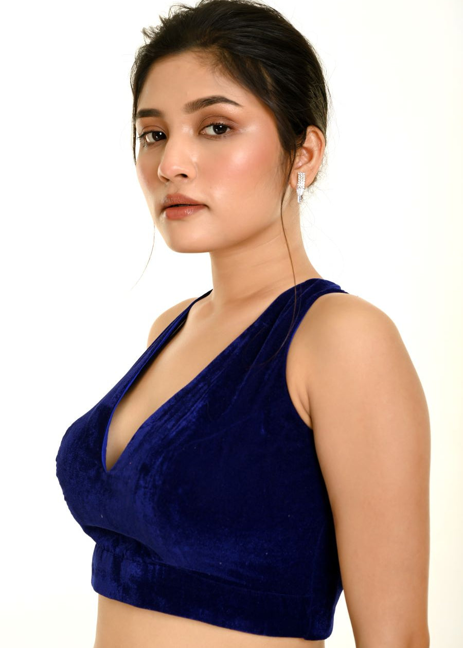 Royal Blue Velvet Blouse with Halter Sleeve and Plunging Neckline -Anvi Couture