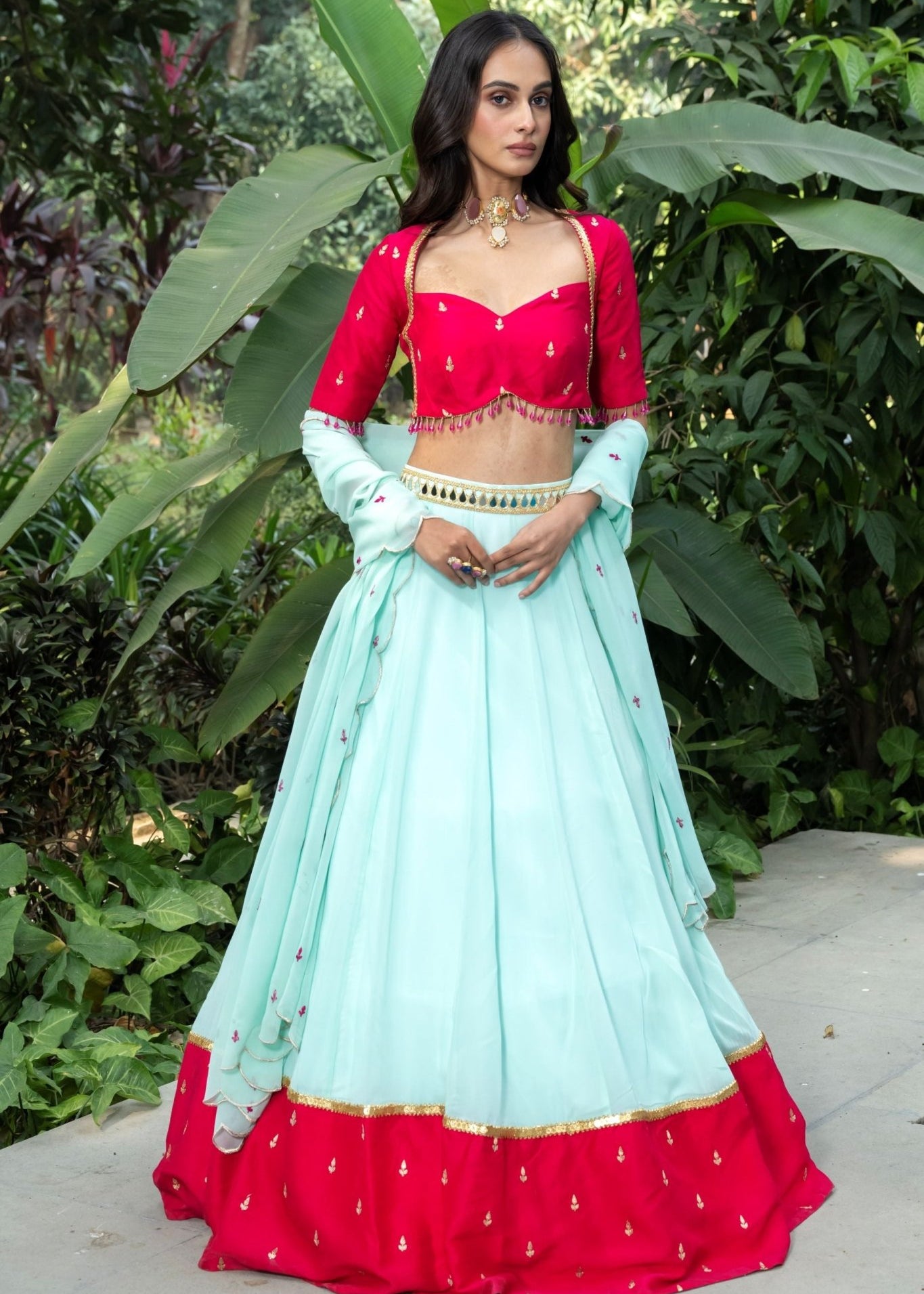 Royal Rani Pink and Blue Embroidered Lehenga - Anvi Couture