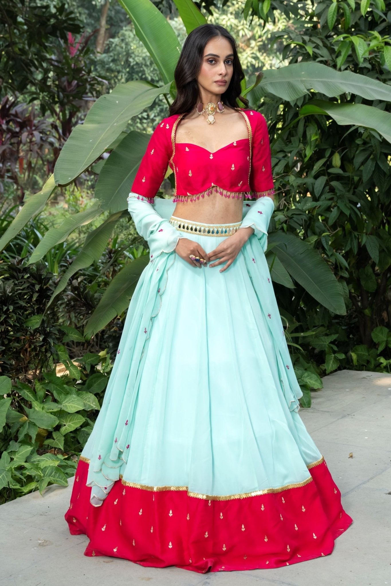 Royal Rani Pink and Blue Embroidered Lehenga - Anvi Couture