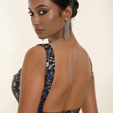 Royal blue brocade blouse — full length side view