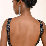 Royal blue brocade silk blouse — back view showing hooks and drape