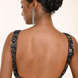 Royal blue brocade silk blouse — back view showing hooks and drape