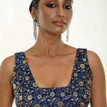 Royal blue brocade silk blouse — front view, square neckline