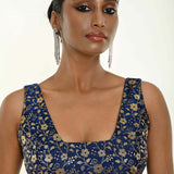 Royal blue brocade silk blouse — front view, square neckline