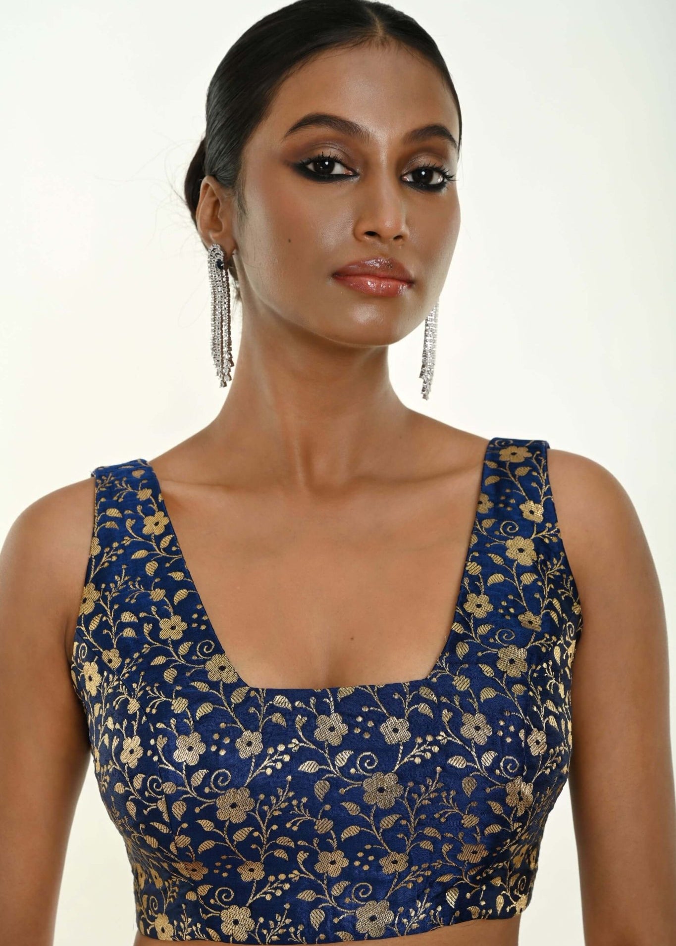 Royal blue brocade silk blouse — front view, square neckline