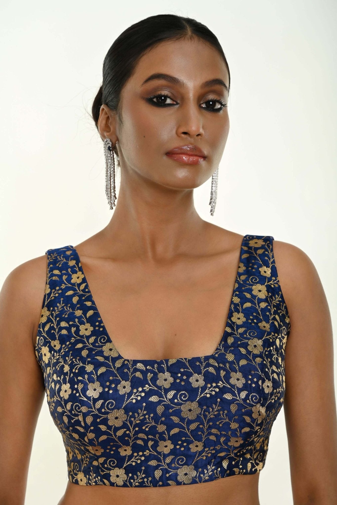 Royal blue brocade silk blouse — front view, square neckline