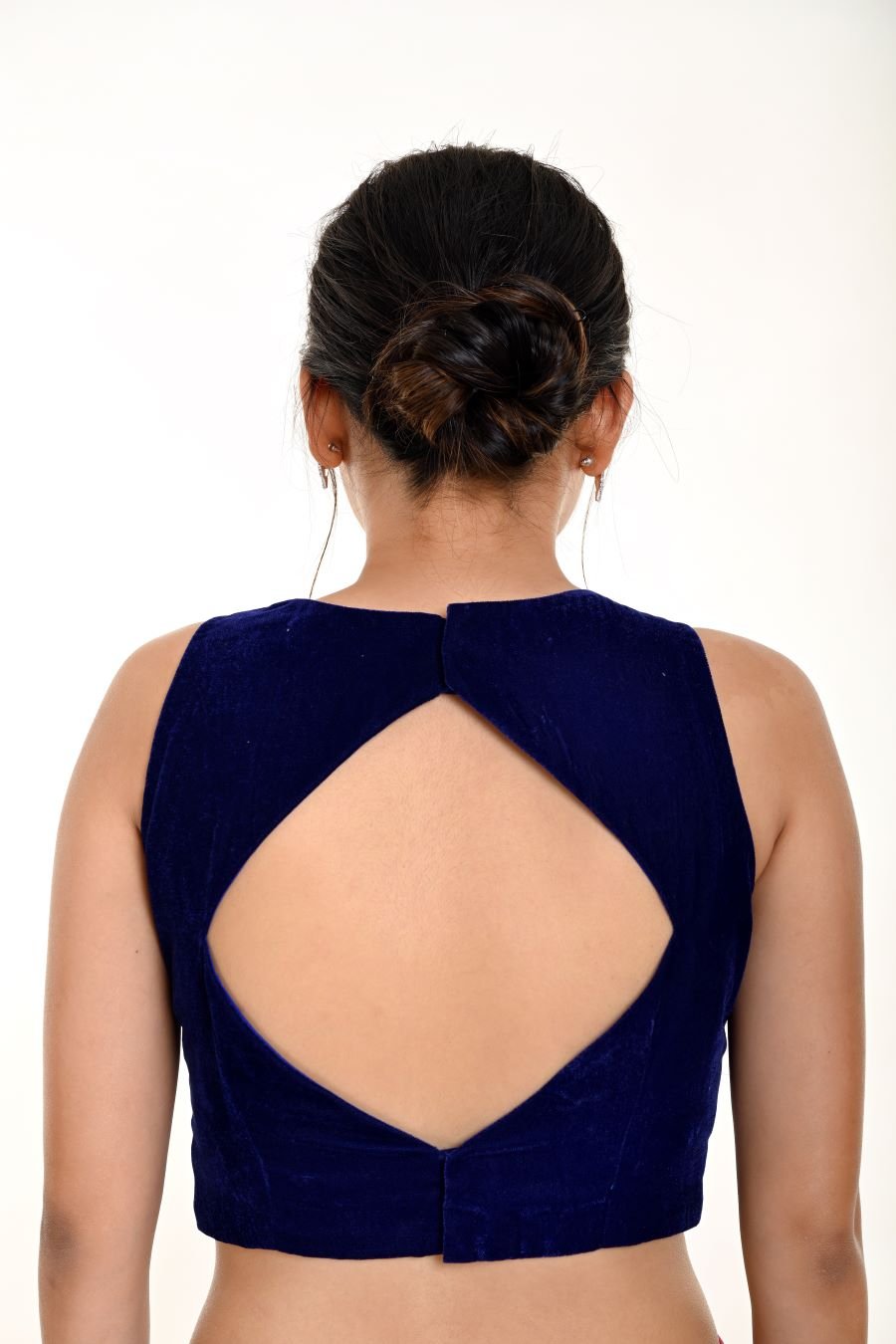 Royal blue velvet halter neck saree blouse — styled with silk saree, full look