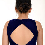 Royal blue velvet halter neck saree blouse — styled with silk saree, full look