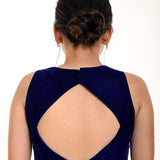 Royal blue velvet halter neck saree blouse — styled with silk saree, full look