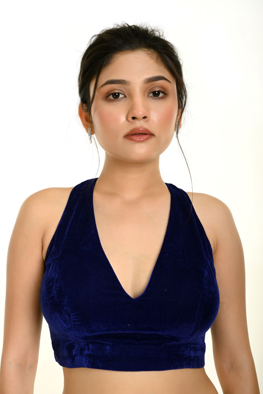 Royal blue velvet halter neck saree blouse with plunging neckline — front view — Anvi Couture