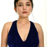 Royal blue velvet halter neck saree blouse with plunging neckline — front view — Anvi Couture