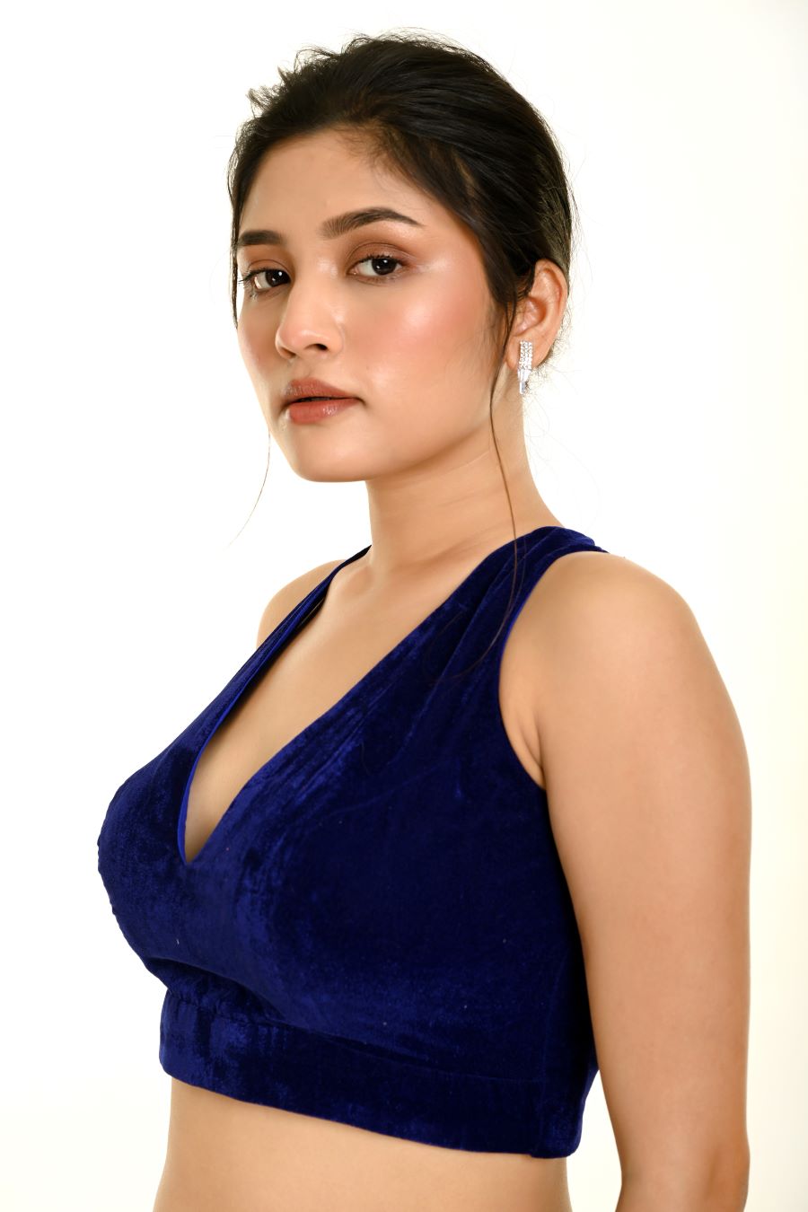 Royal blue velvet halter sleeve blouse — side profile view — Anvi Couture