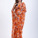 Rust Orange Floral Printed Silk Organza Saree Full
