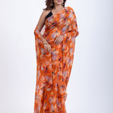 Rust Orange Floral Printed Silk Organza Saree Full
