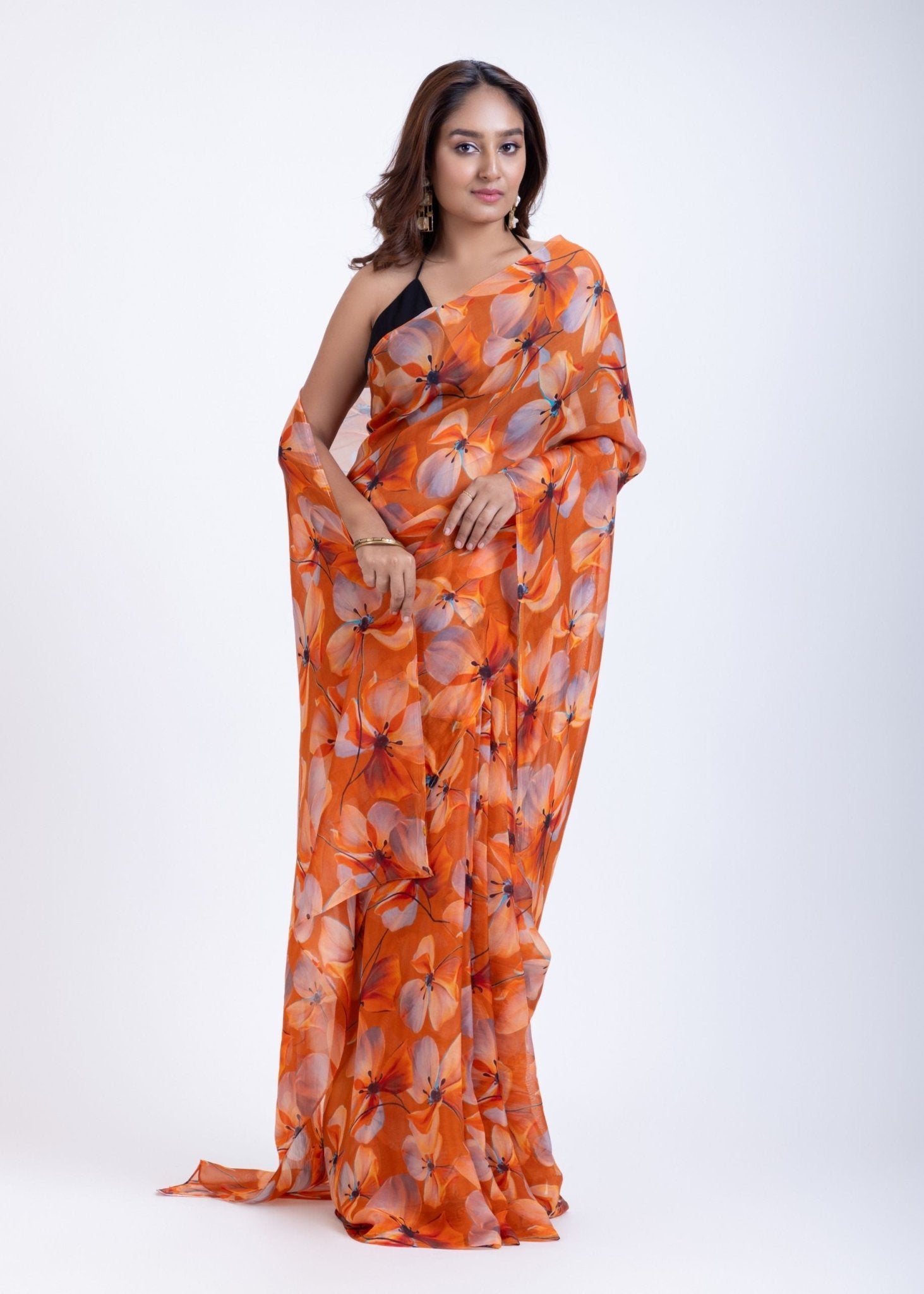Rust Orange Floral Printed Silk Organza Saree - Anvi Couture