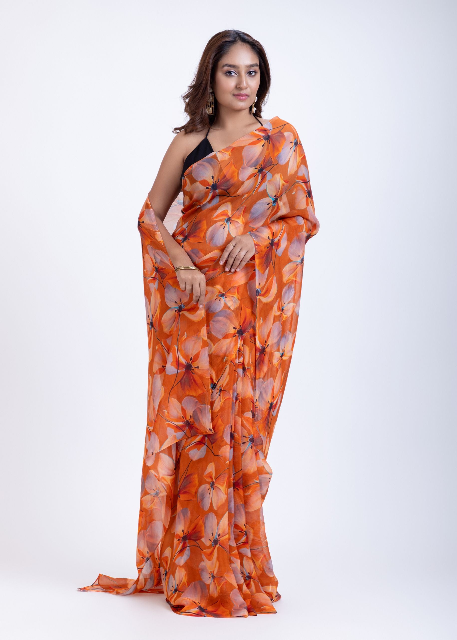 Rust Orange Floral Printed Silk Organza Saree Full
