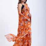 Rust Orange Floral Printed Silk Organza Saree Front
