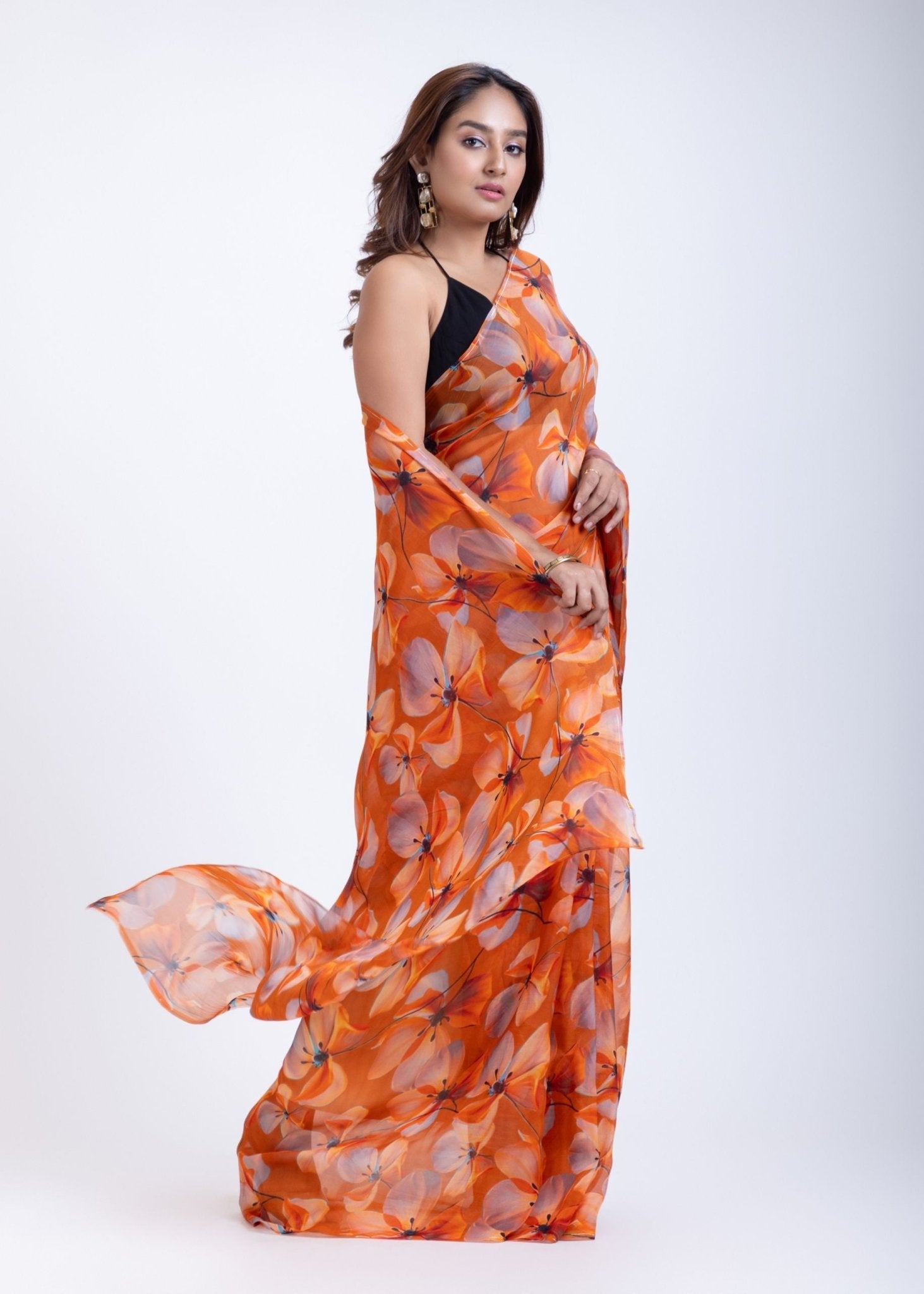 Rust Orange Floral Printed Silk Organza Saree - Anvi Couture