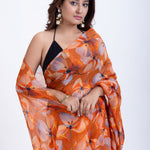 Rust Orange Floral Printed Silk Organza Saree Close Up
