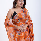 Rust Orange Floral Printed Silk Organza Saree Close Up
