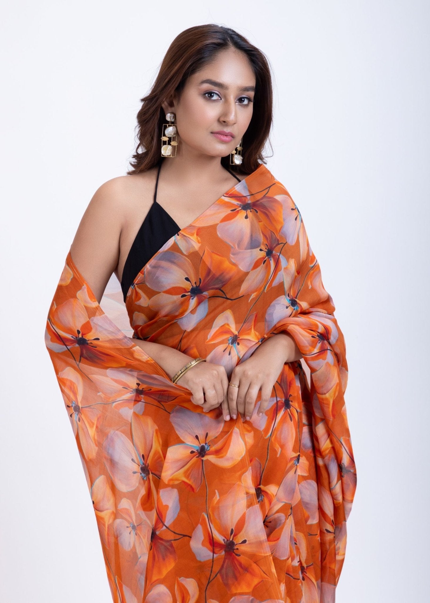 Rust Orange Floral Printed Silk Organza Saree - Anvi Couture