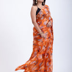 Rust Orange Floral Printed Silk Organza Saree Back
