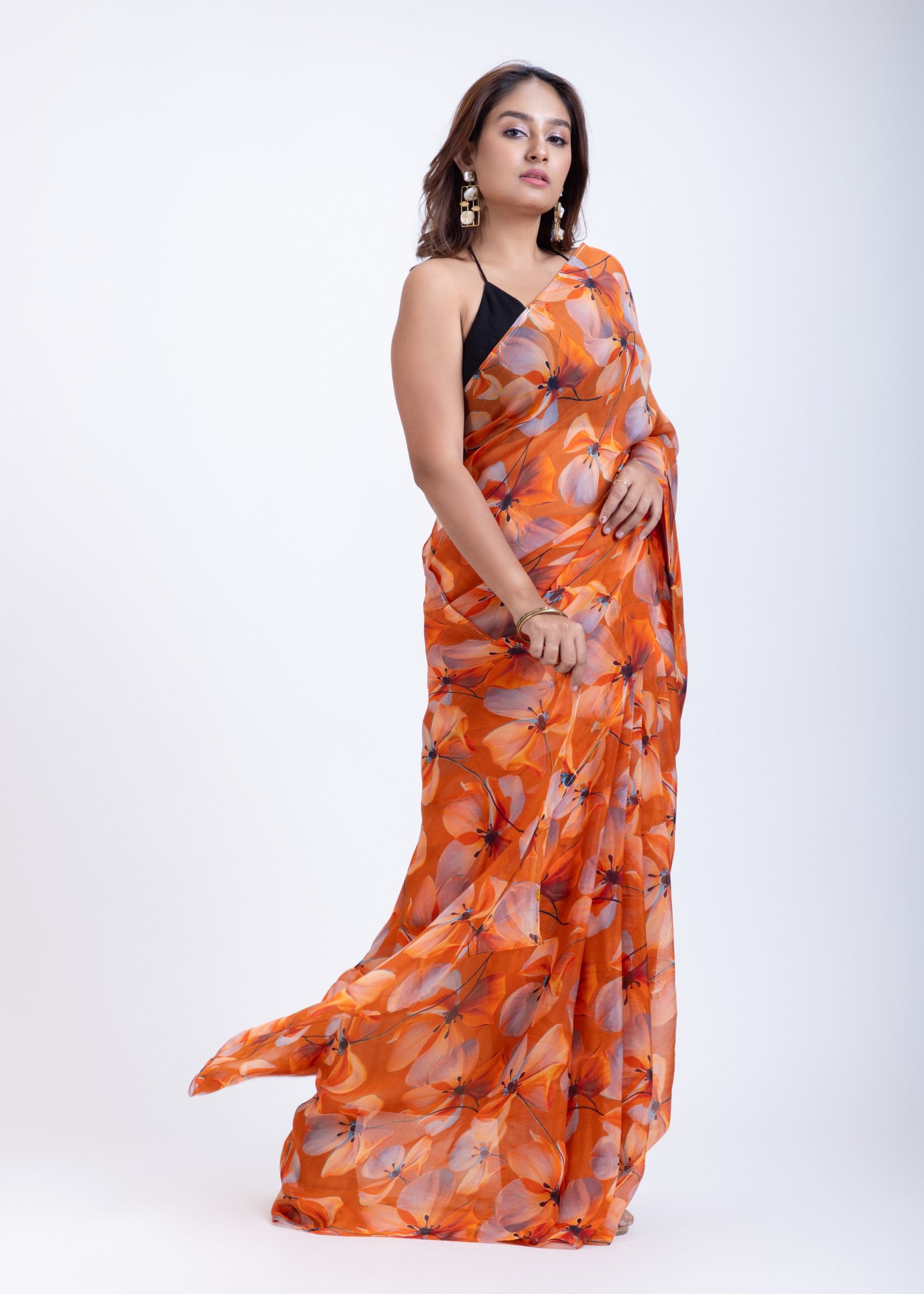 Rust Orange Floral Printed Silk Organza Saree Back
