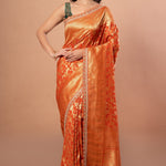 Rust Orange Khaddi Georgette Bridal Banarasi Saree With Embroidered Border - Anvi Couture