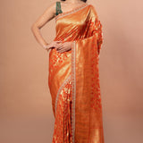 Rust Orange Khaddi Georgette Bridal Banarasi Saree With Embroidered Border - Anvi Couture