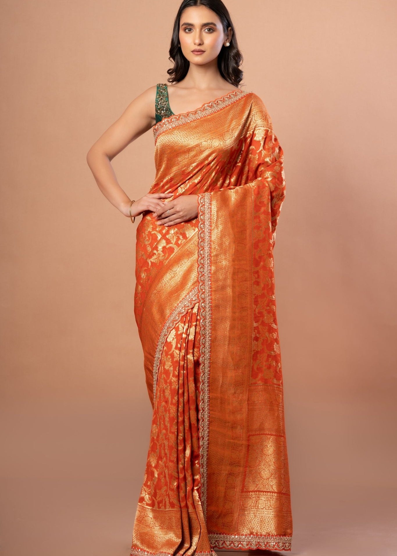 Rust Orange Khaddi Georgette Bridal Banarasi Saree With Embroidered Border - Anvi Couture
