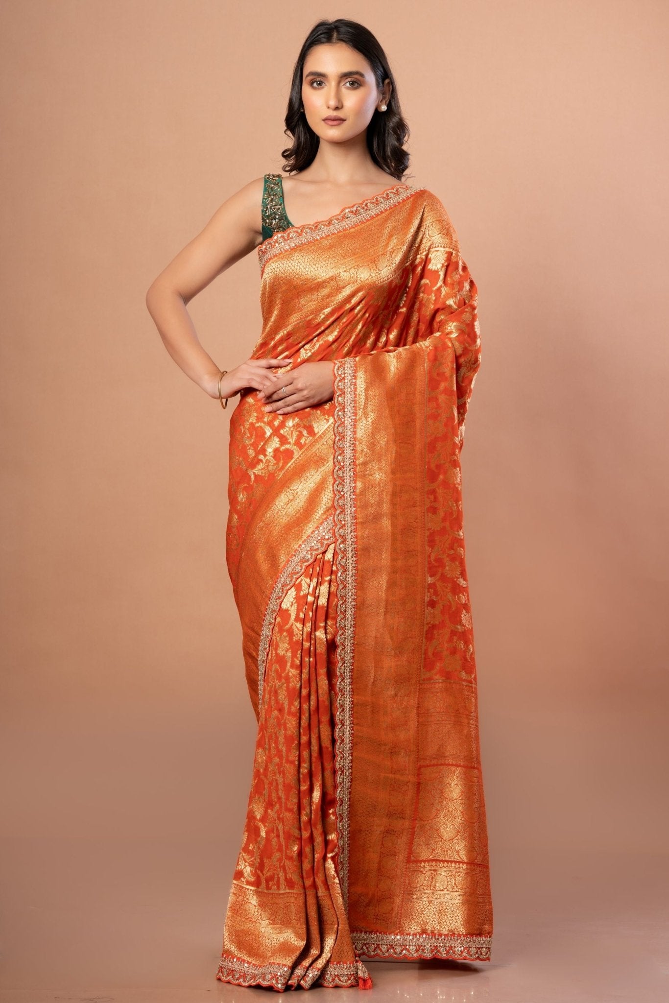 Rust Orange Khaddi Georgette Bridal Banarasi Saree With Embroidered Border - Anvi Couture