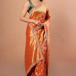 Rust Orange Khaddi Georgette Bridal Banarasi Saree With Embroidered Border - Anvi Couture