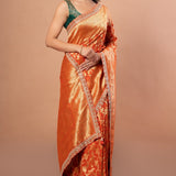 Rust Orange Khaddi Georgette Bridal Banarasi Saree With Embroidered Border - Anvi Couture