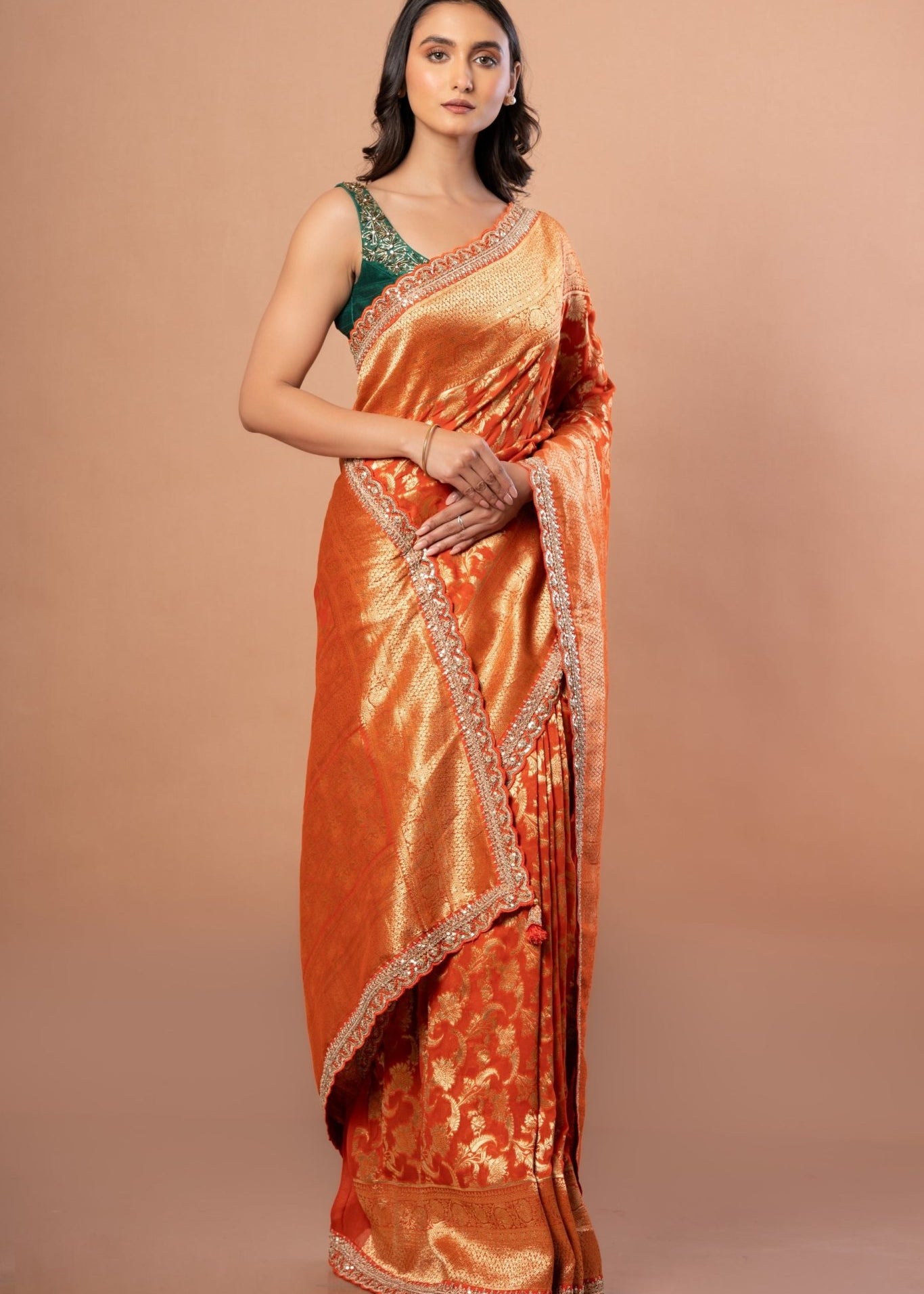 Rust Orange Khaddi Georgette Bridal Banarasi Saree With Embroidered Border - Anvi Couture