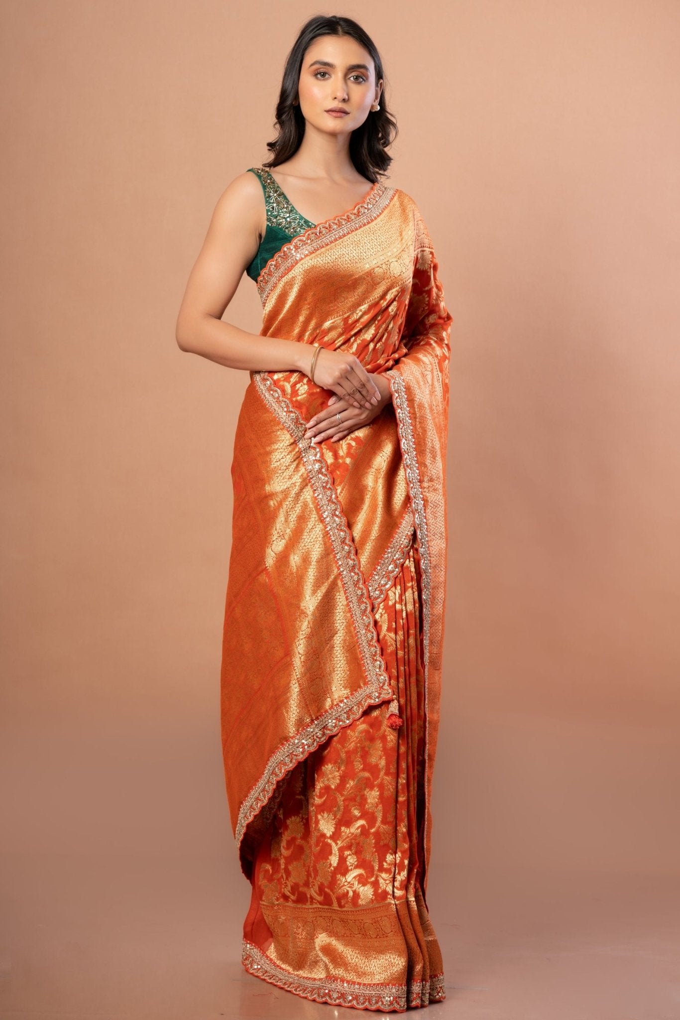 Rust Orange Khaddi Georgette Bridal Banarasi Saree With Embroidered Border - Anvi Couture