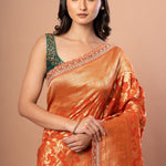 Rust Orange Khaddi Georgette Bridal Banarasi Saree With Embroidered Border - Anvi Couture