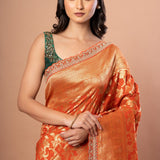 Rust Orange Khaddi Georgette Bridal Banarasi Saree With Embroidered Border - Anvi Couture