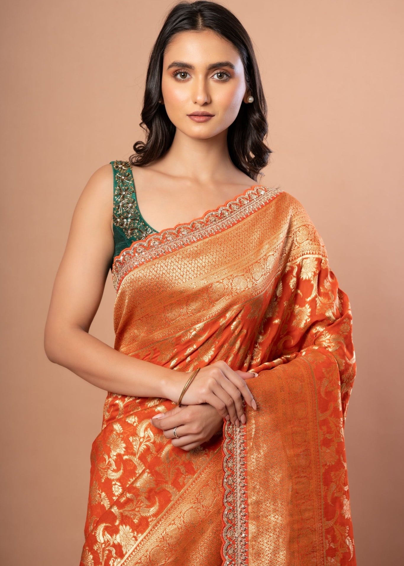 Rust Orange Khaddi Georgette Bridal Banarasi Saree With Embroidered Border - Anvi Couture
