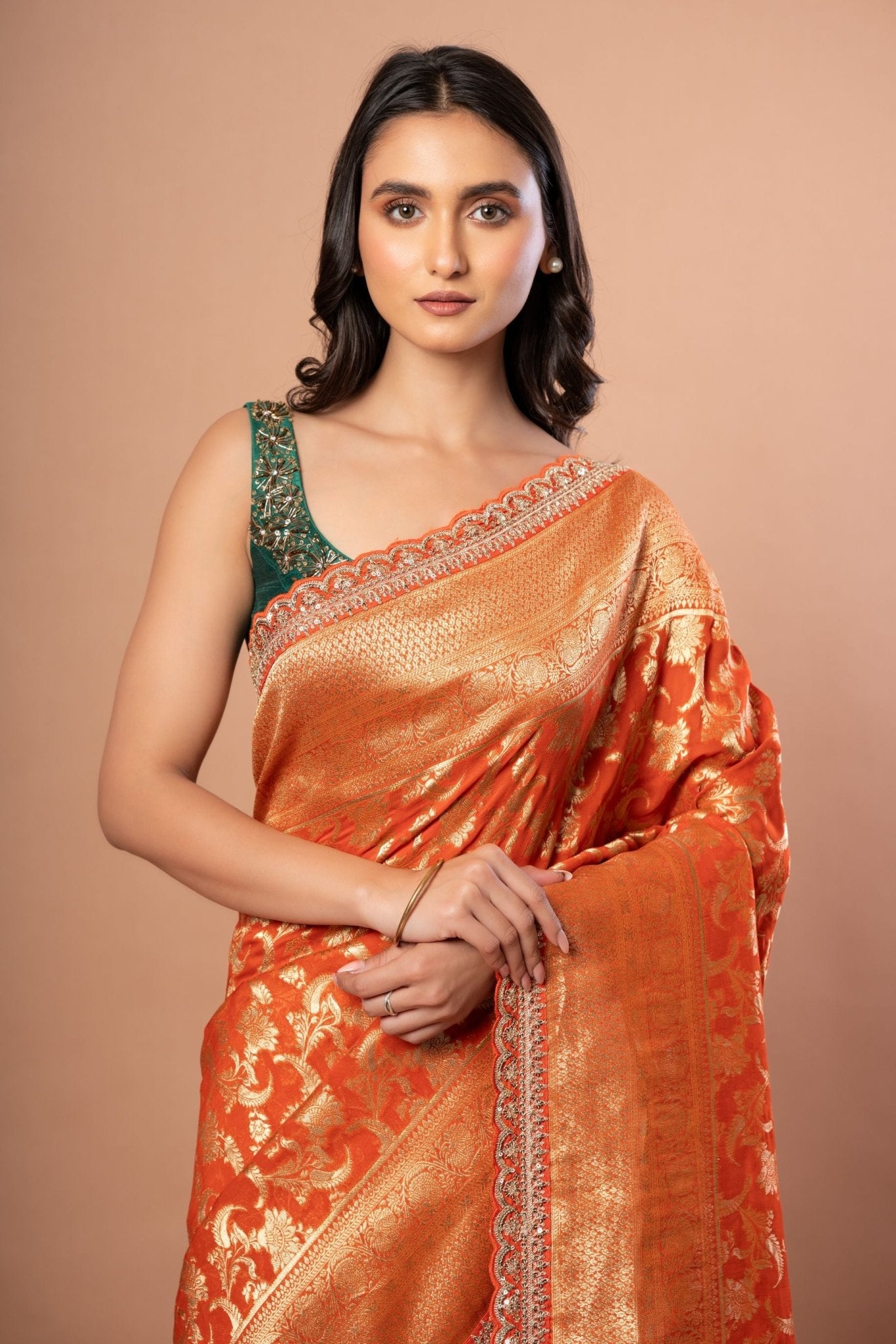 Rust Orange Khaddi Georgette Bridal Banarasi Saree With Embroidered Border - Anvi Couture