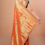 Rust Orange Khaddi Georgette Bridal Banarasi Saree With Embroidered Border - Anvi Couture