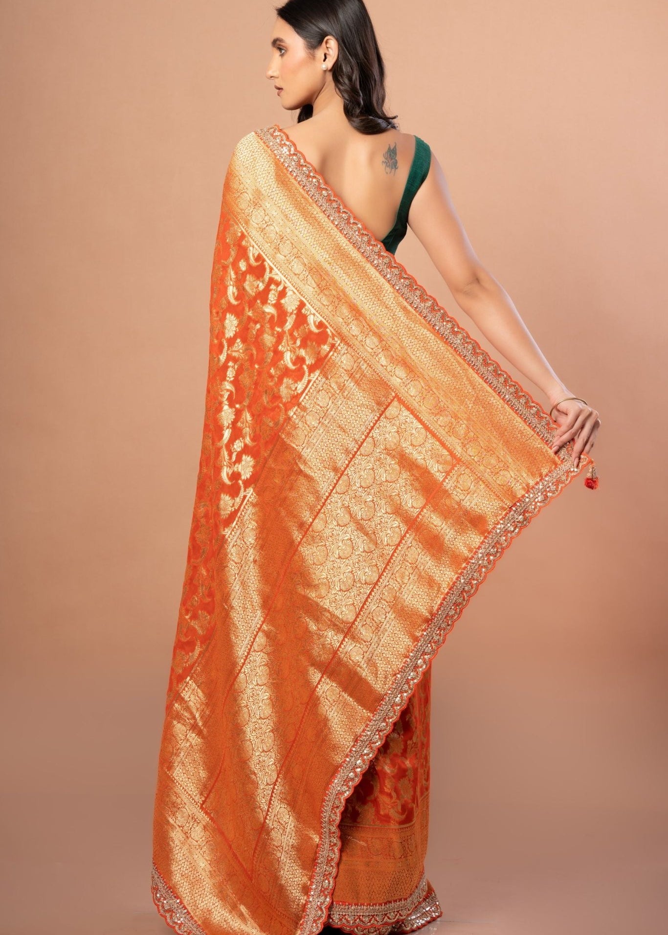 Rust Orange Khaddi Georgette Bridal Banarasi Saree With Embroidered Border - Anvi Couture