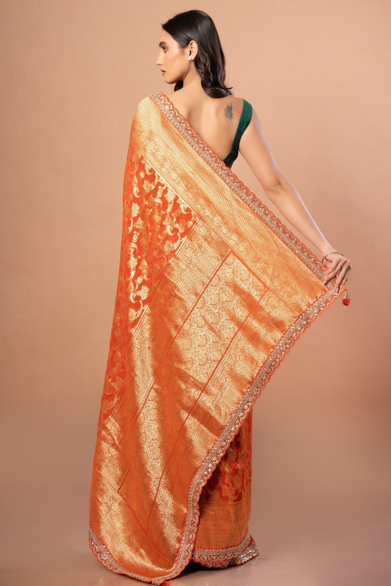 Rust Orange Khaddi Georgette Bridal Banarasi Saree With Embroidered Border - Anvi Couture