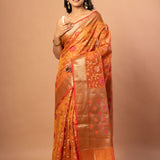 Rust Orange Tissue Organza Saree With Floral Weave - Anvi Couture