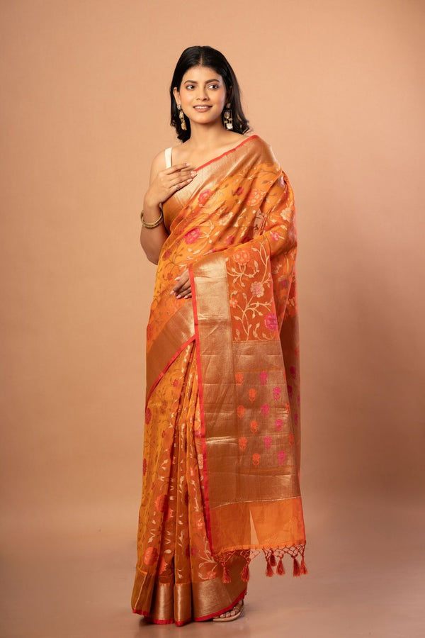 Rust Orange Tissue Organza Saree With Floral Weaved - Anvi Couture